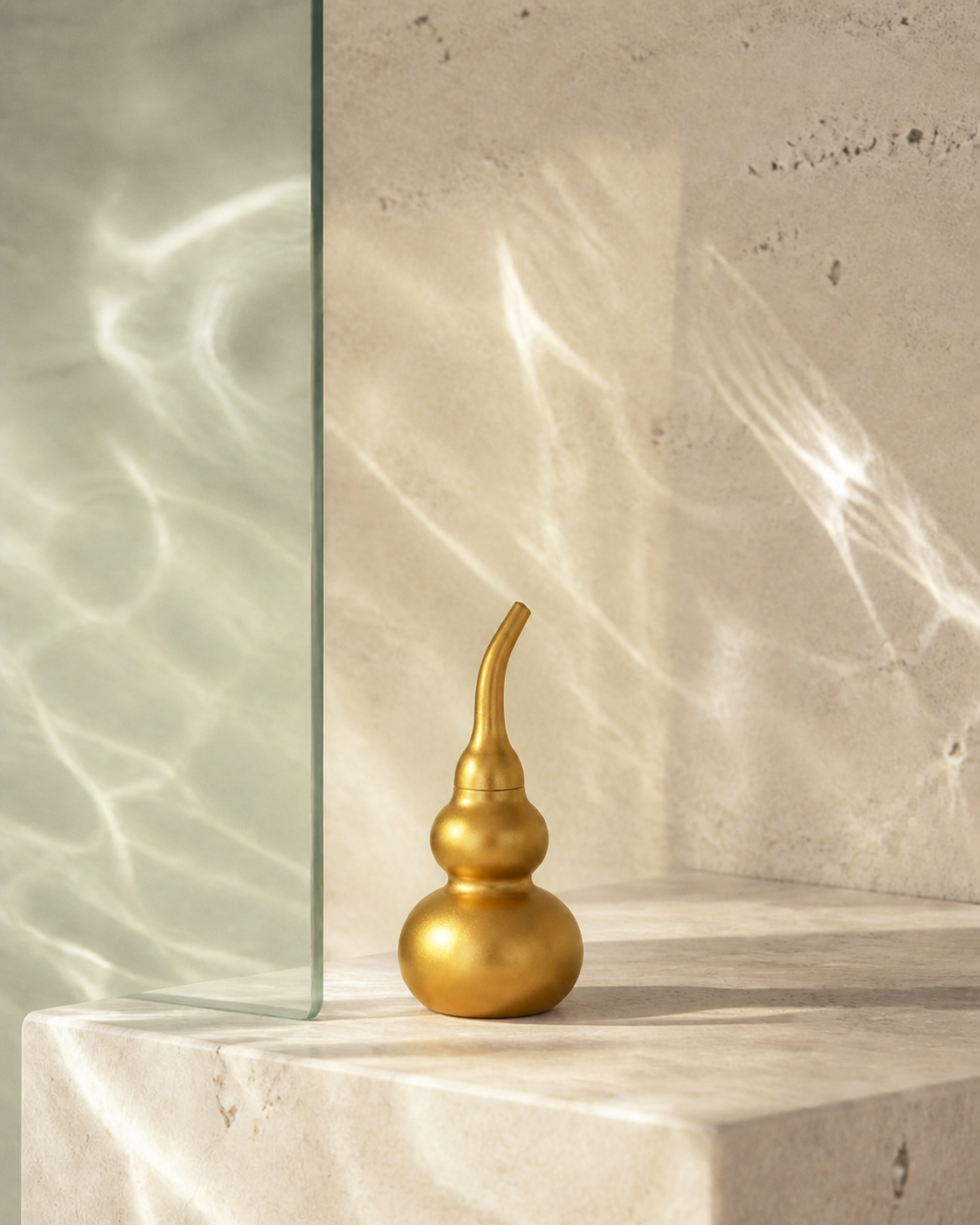 WULU satin-gold brass blessing vessel on warm ivory stone beside pale jade glass
