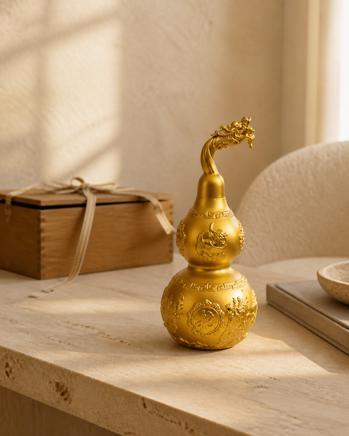 WULU Celestial Guardian brass vessel on a warm stone tabletop beside a wooden box.