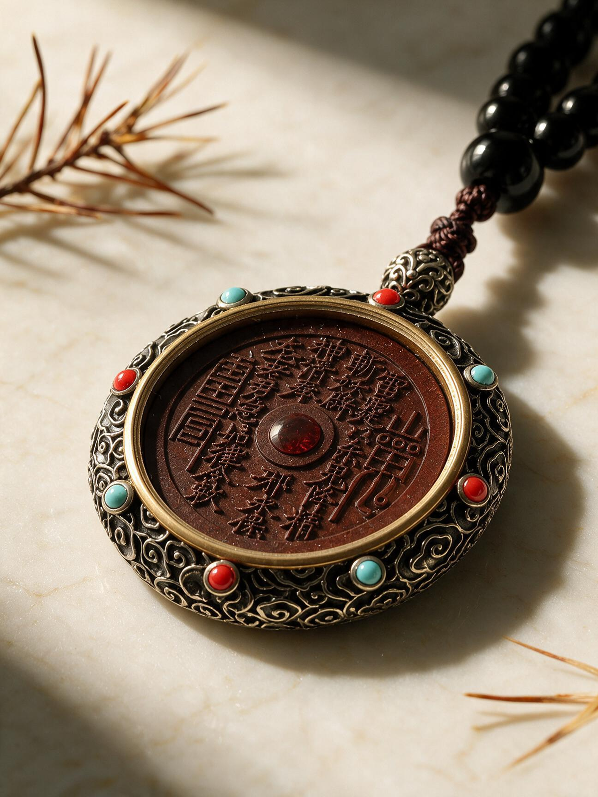 Close-up of the Shan Gui lightning-struck jujube wood handheld rotating talisman with Chinese symbols and metalwork