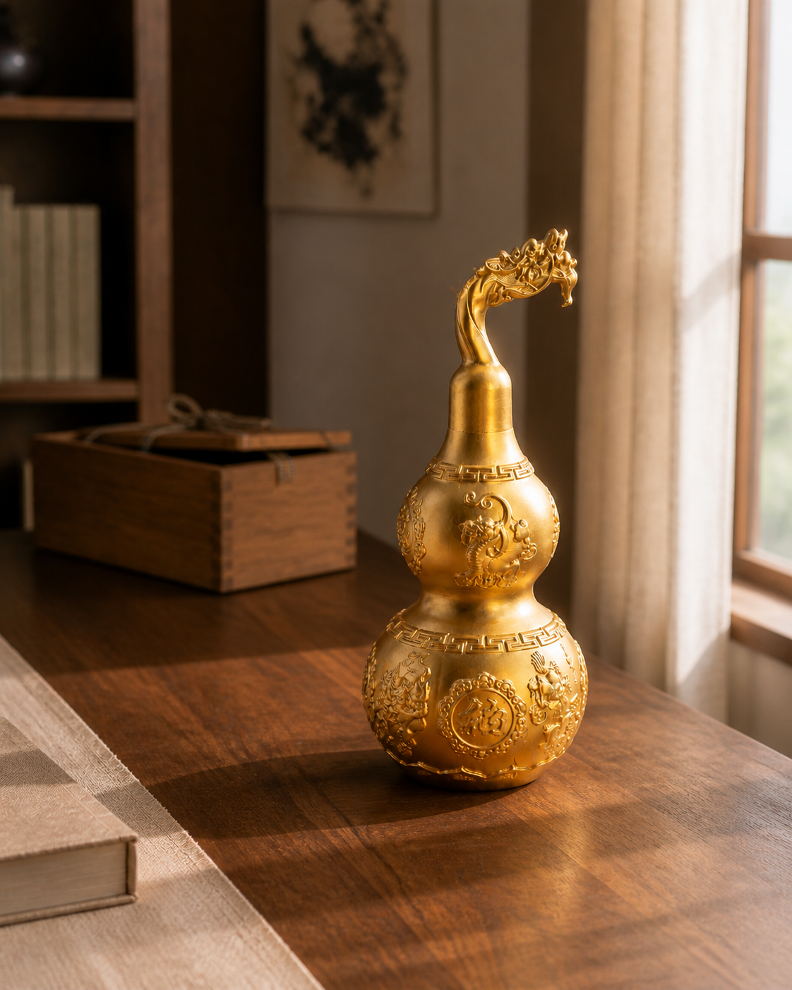 WULU Celestial Guardian brass vessel on a sunlit wooden desk beside a wooden box and books.