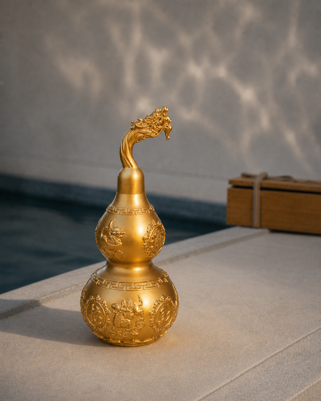 WULU Celestial Guardian brass vessel on pale stone beside water with rippling reflected light.