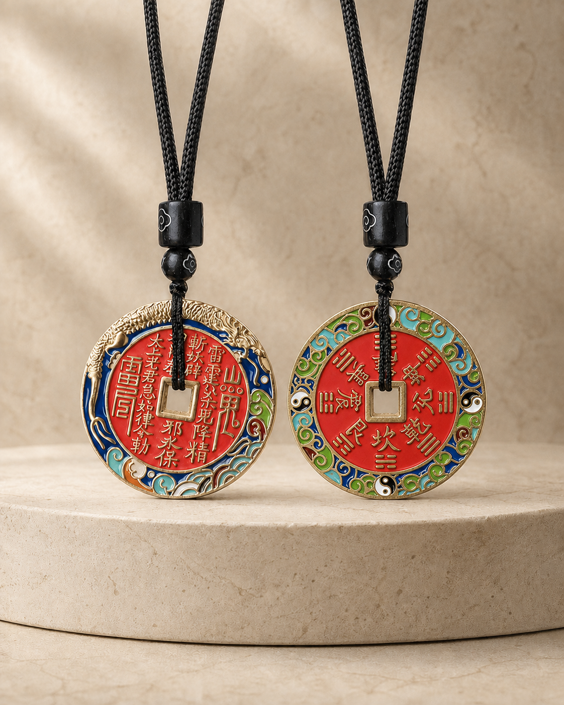Front and reverse views of the double-sided SHAN GUI COIN brass pendant necklace