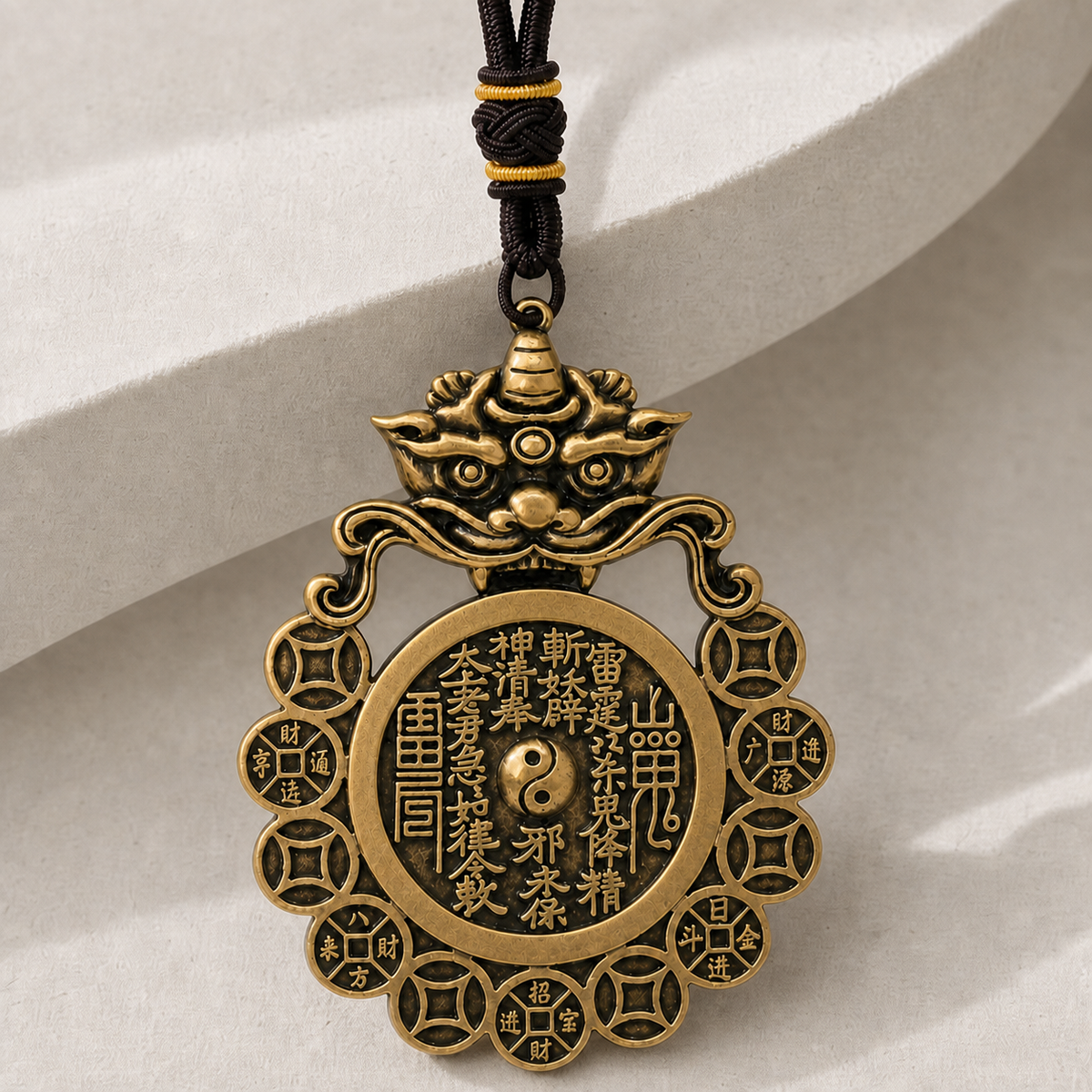 SHAN GUI guardian brass hanging ornament with black knotted cord placed on a warm wavy ivory background