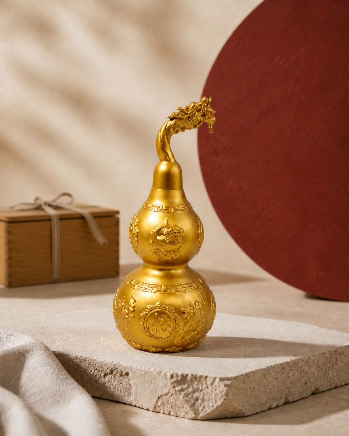 WULU Celestial Guardian brass vessel on pale stone against a red circular backdrop.