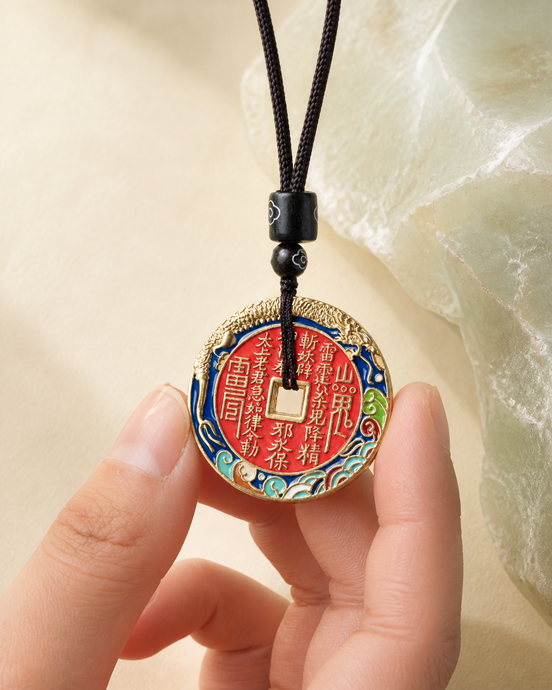 Hand holding the SHAN GUI brass pendant necklace to show approximate scale