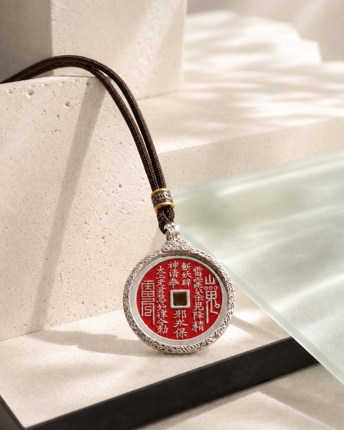 Vermilion Shan Gui guardian medallion in warm light