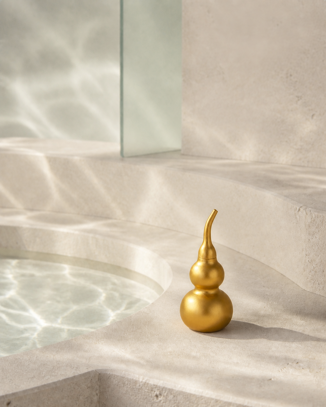 WULU Golden Vessel on pale stone with reflected light and pale green glass.