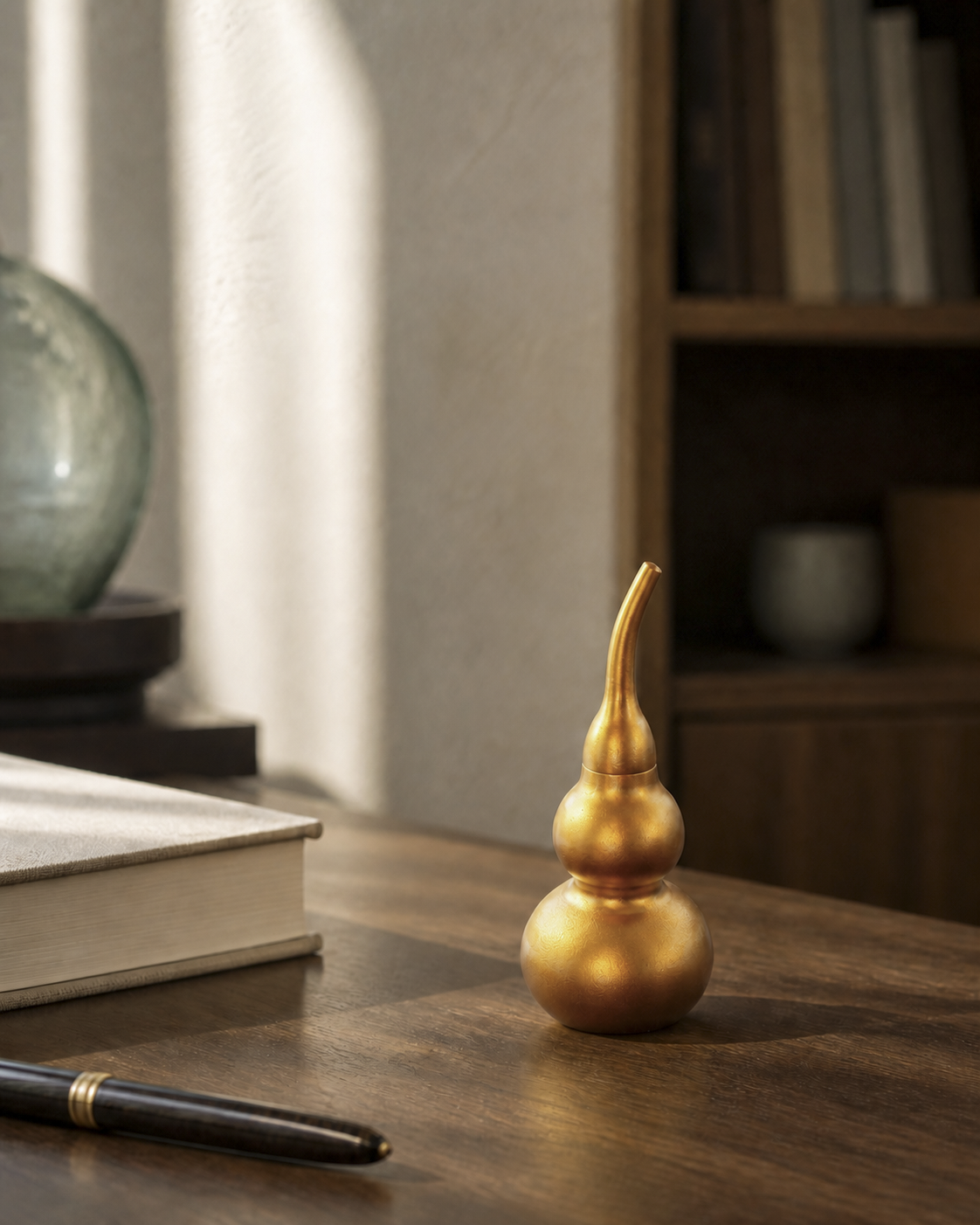 WULU golden brass vessel in an office environment