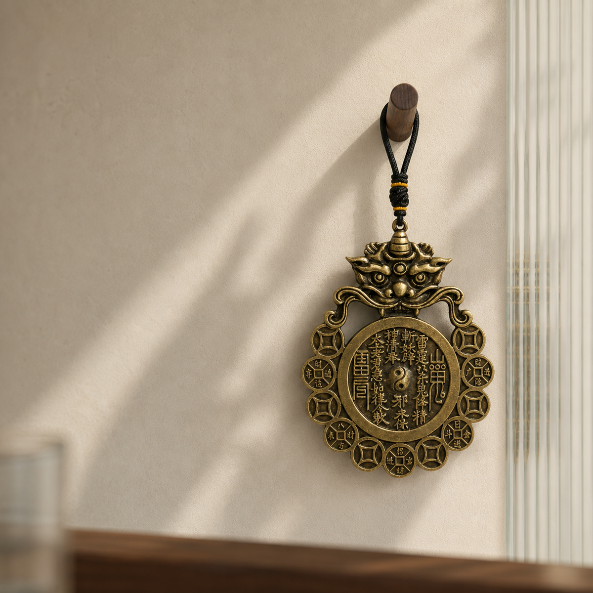 SHAN GUI brass hanging ornament hanging off from the hook with warm sunlight