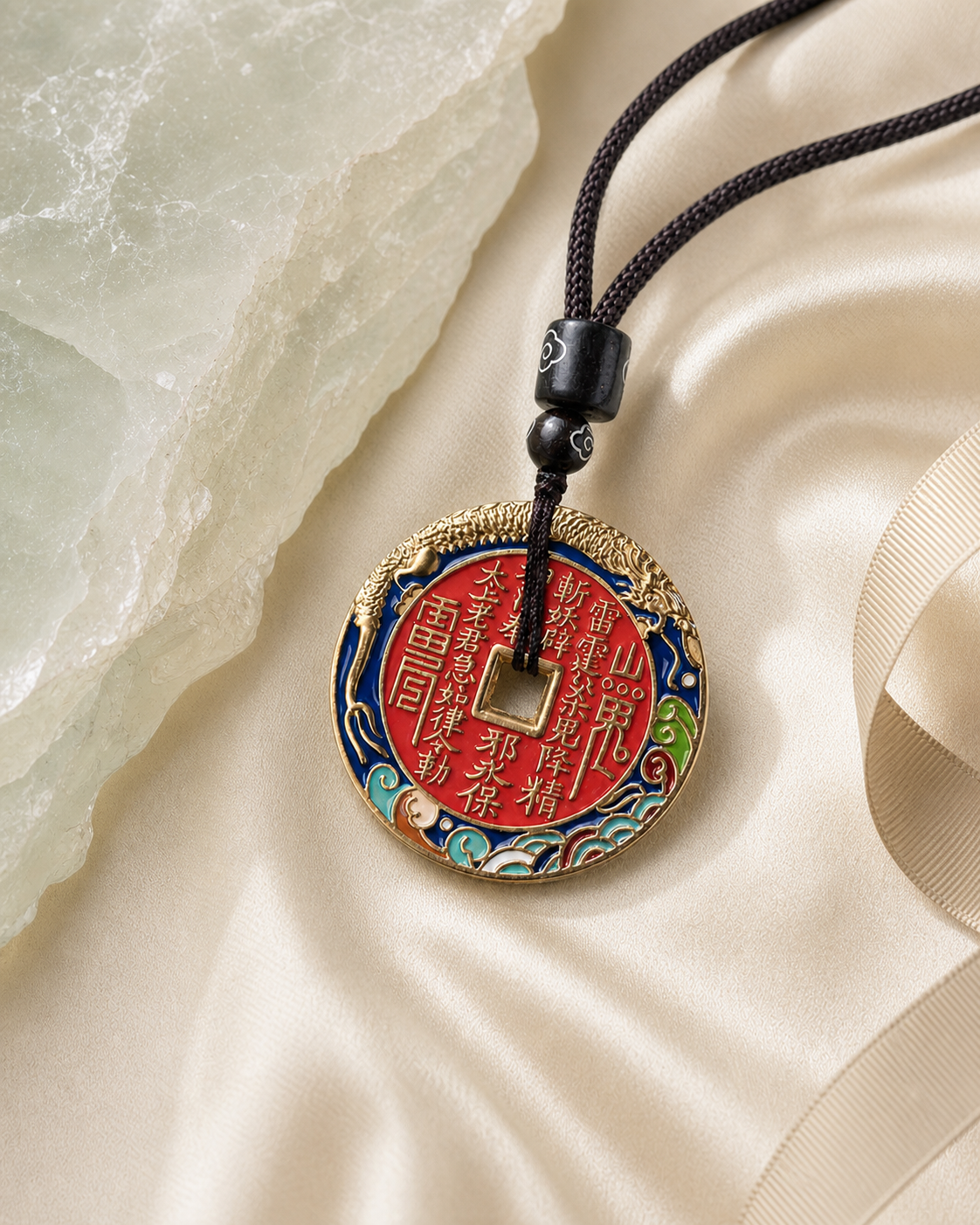 SHAN GUI COIN brass pendant necklace styled with pale jade and ivory fabric