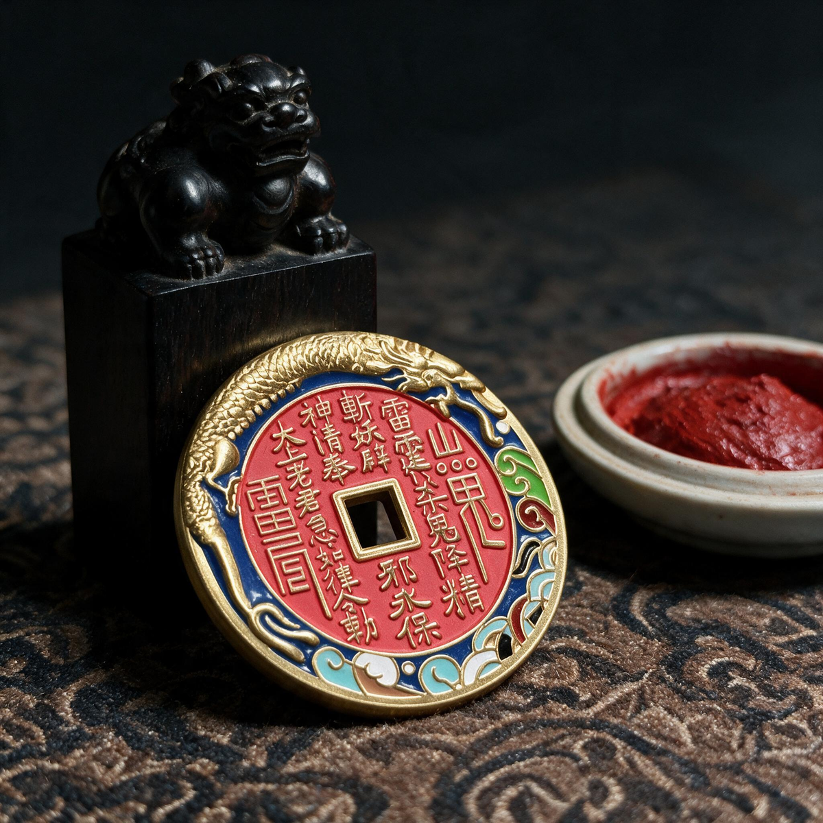 SHAN GUI COIN coloured brass pendant on patterned fabric beside a black guardian figurine.