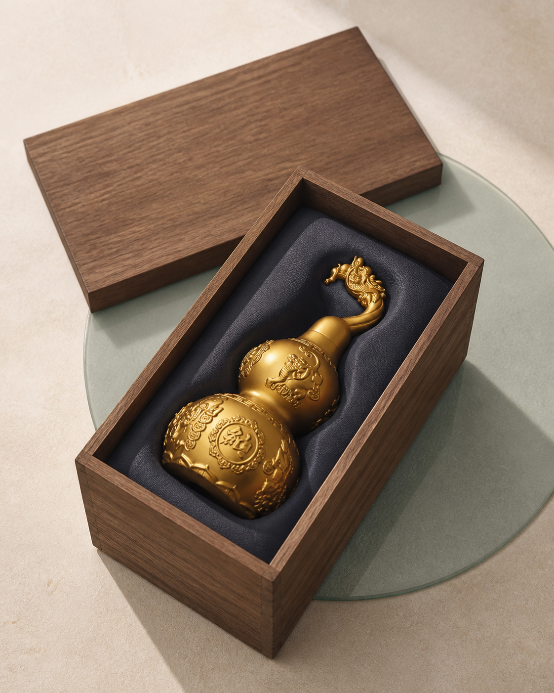 WULU Celestial Guardian brass vessel nestled in a black-lined wooden presentation box with the lid beside it.