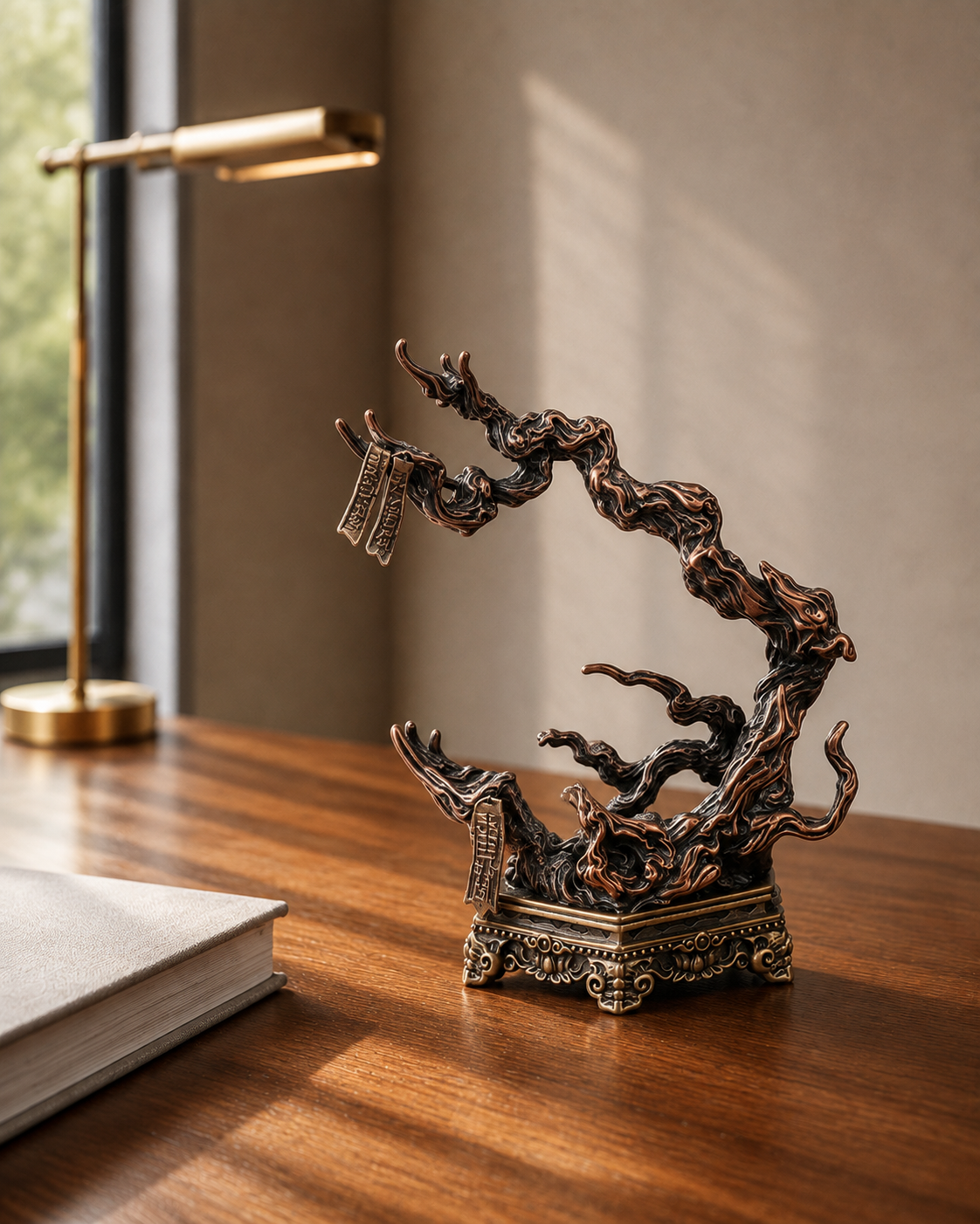 XUAN MO sculptural display stand shown on its own on a wooden desk.