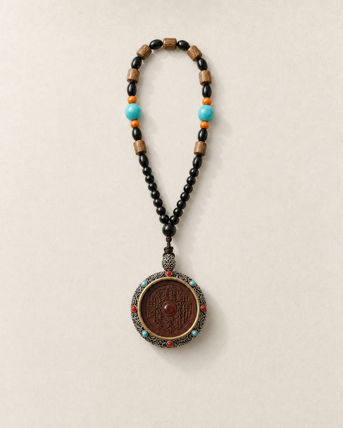 Fu.Topia Shan Gui lightning-struck jujube wood handheld rotating talisman with black beads, blue accents and metalwork