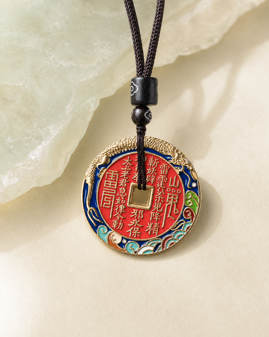 Front view of the SHAN GUI COIN coloured brass pendant necklace on a warm ivory and pale jade background