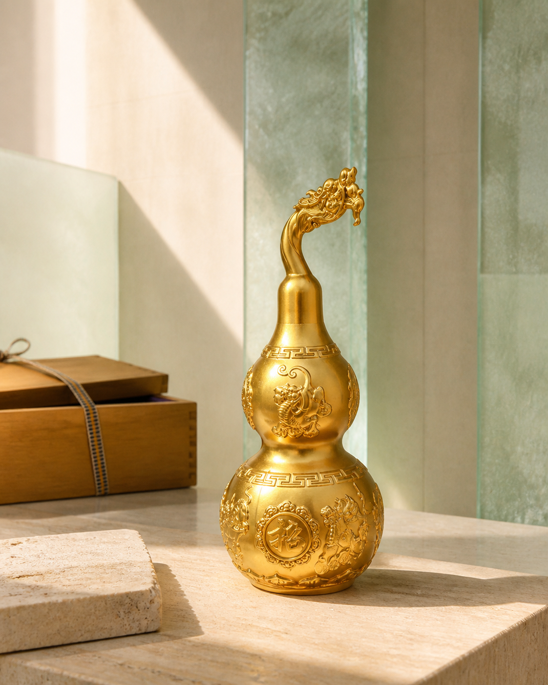 WULU Celestial Guardian brass vessel with a dragon-head lid on pale stone beside a wooden box.