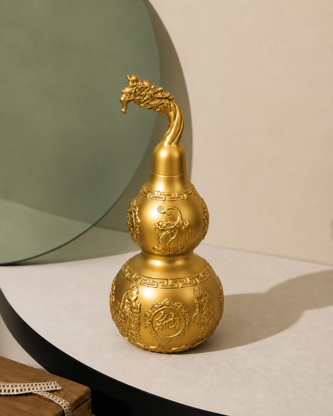 WULU Celestial Guardian brass vessel on a curved tabletop against a pale green circular backdrop.