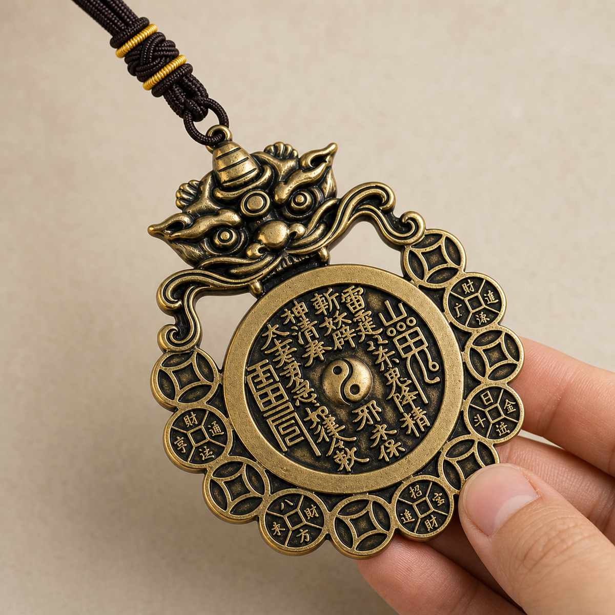Hand holding the SHAN GUI brass hanging ornament to show scale