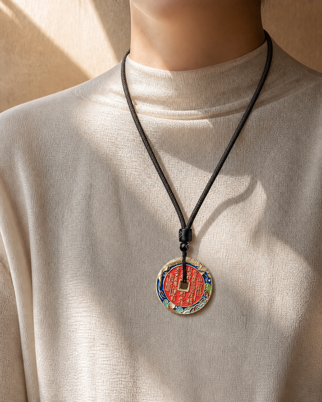 SHAN GUI coloured brass pendant necklace worn over an ivory top