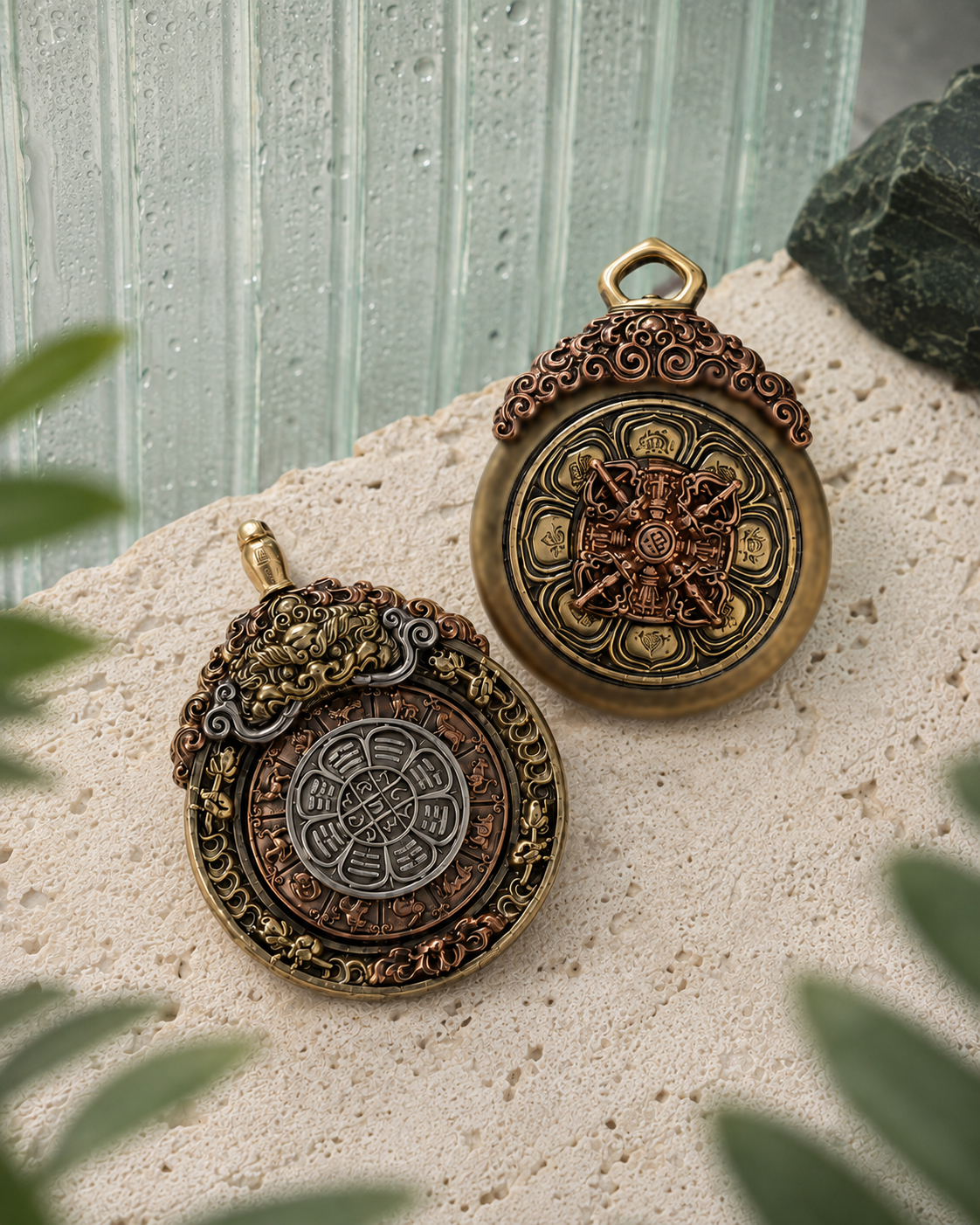 Front and reverse views of the JIU GONG rotating pendant