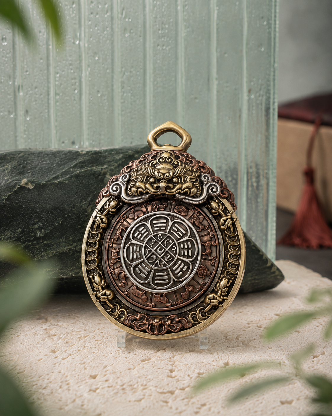 Close-up of the layered relief and rotating centre of the JIU GONG pendant