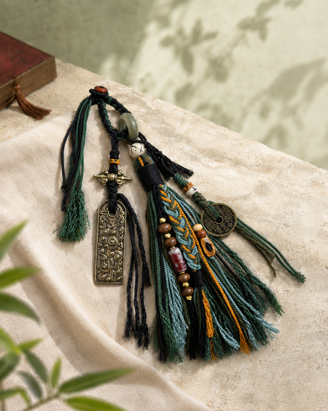 Forest green tassel charm with an ornate plaque and coin motif on ivory fabric.