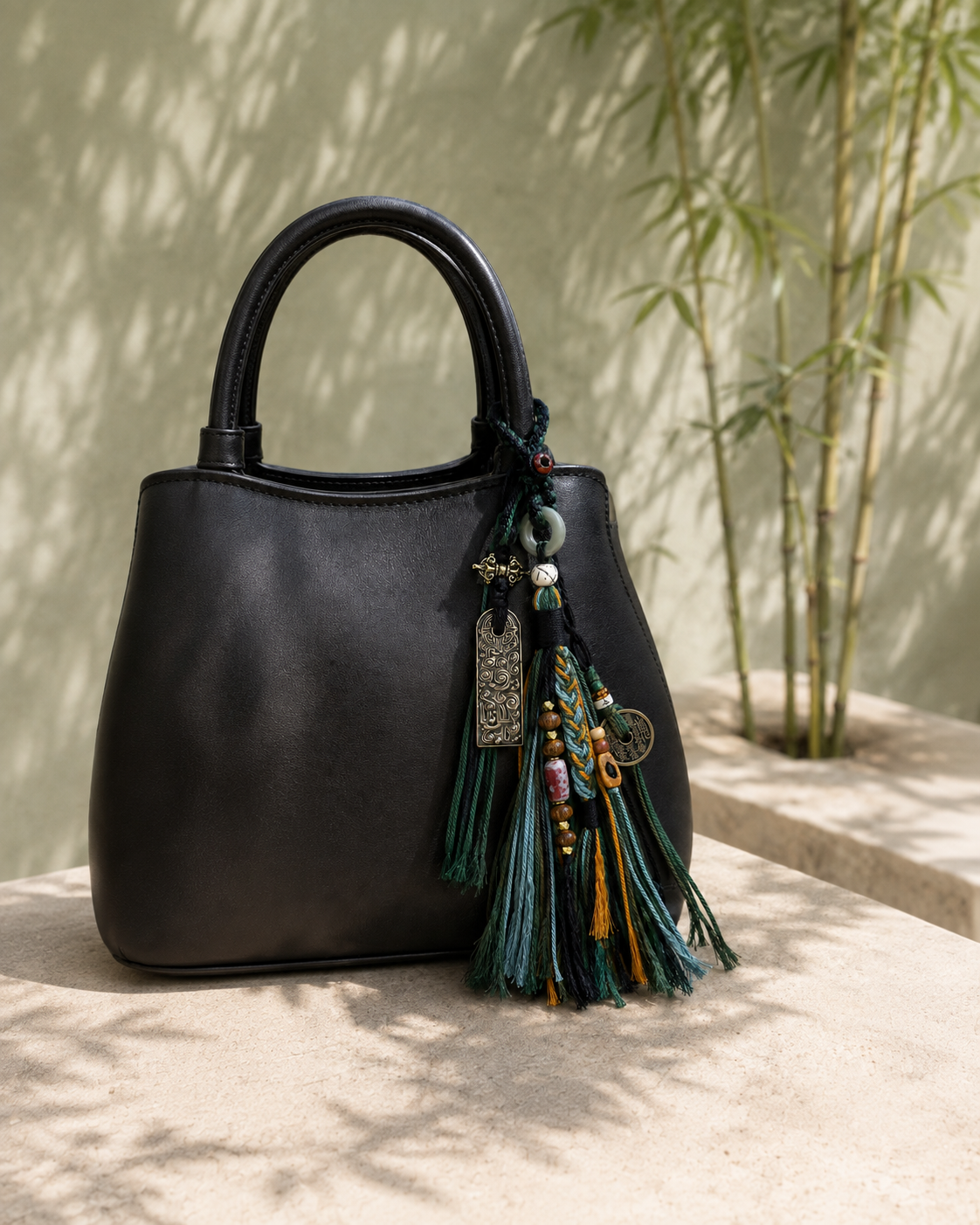 Forest tassel charm styled on the handle of a black handbag.