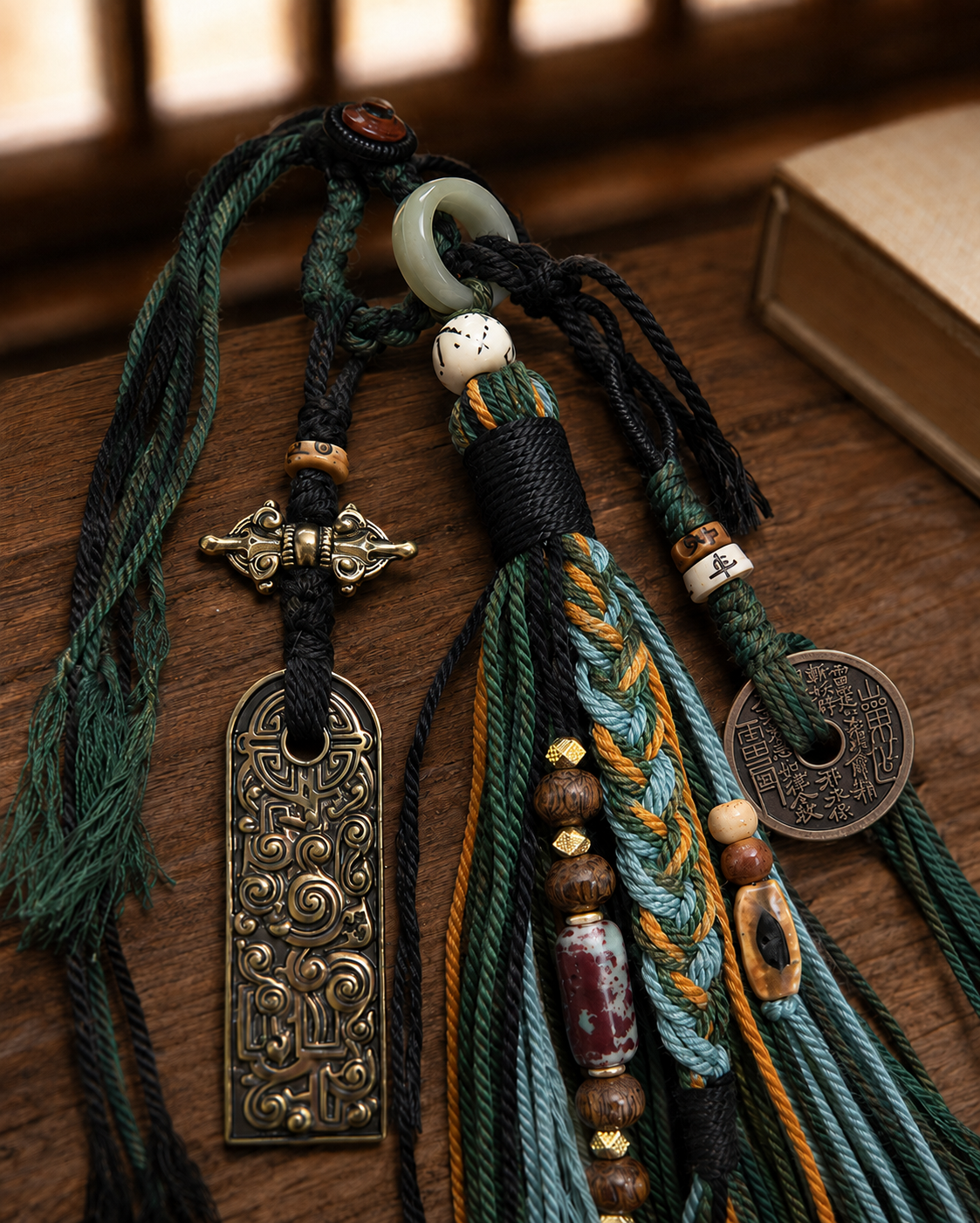 Close view of braided cords, beads, plaque and coin motif on the Forest tassel charm.