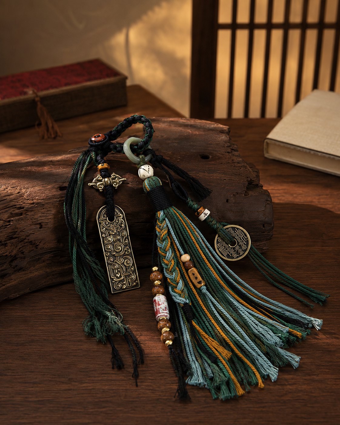 Forest tassel charm arranged on textured timber in warm light.
